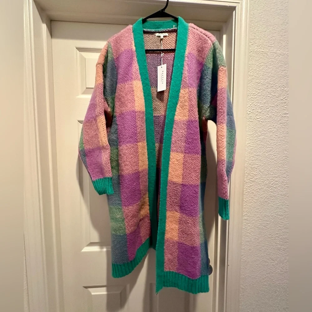 BaeVely by wellmade Inc., size S, pastel plaid long knit cardigan. NWT - Picture 4 of 6